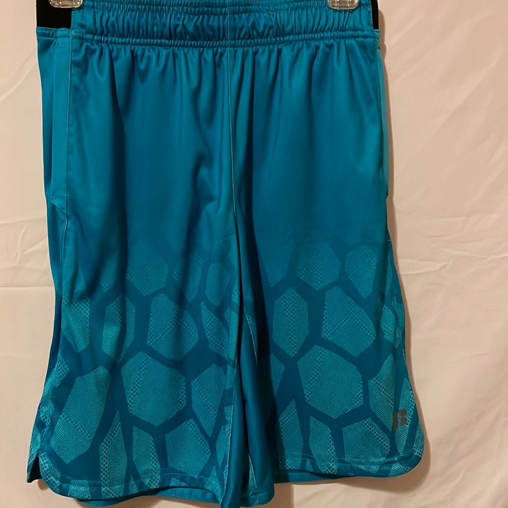 Turquoise blue, Russell Athletic shorts.